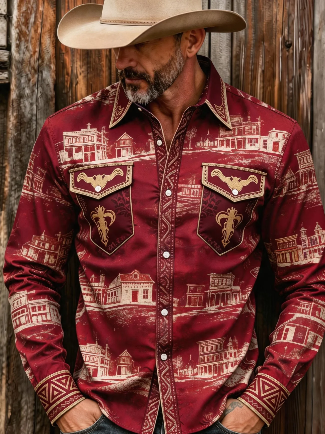 New retro functional style shirt with print and camouflage splicing, loose and trendy long sleeved shirt