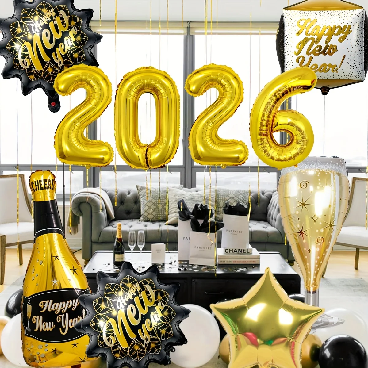 10 قطعة 2026 سنة جديدة سعيدة الأسود الذهبي احباط بالونات زجاجة نبيذ كؤوس الشمبانيا الذهبي ستار احباط بالونات الطرف الديكور