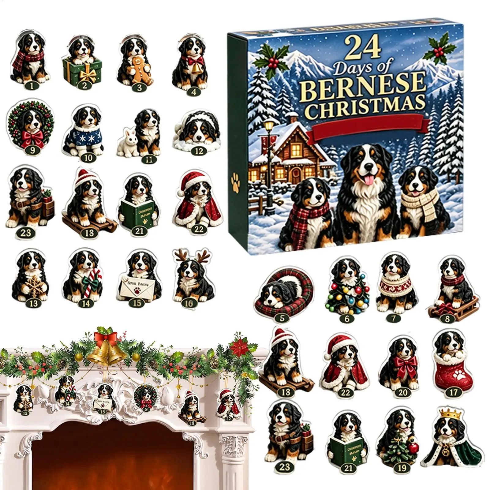 2026 Bernese Mountain Dog Advent Calendar 24-Day Christmas Countdown Calendar Christmas tree 24 2D Acrylic Dog Ornament Hanging - view 3