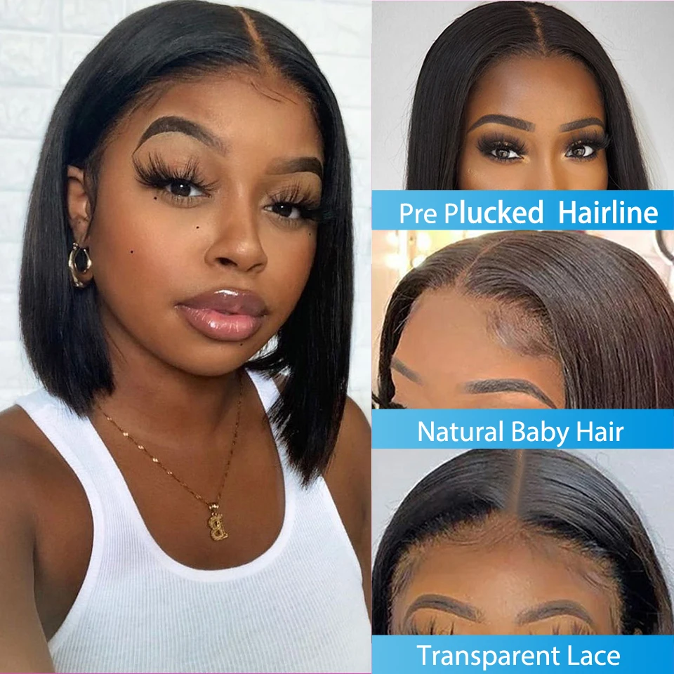 Perruque Bob Lace Wig Remy Brésilienne Naturelle, Cheveux Lisses, Partie T, Sophia, Courte, 4 Pièces, pour Femme