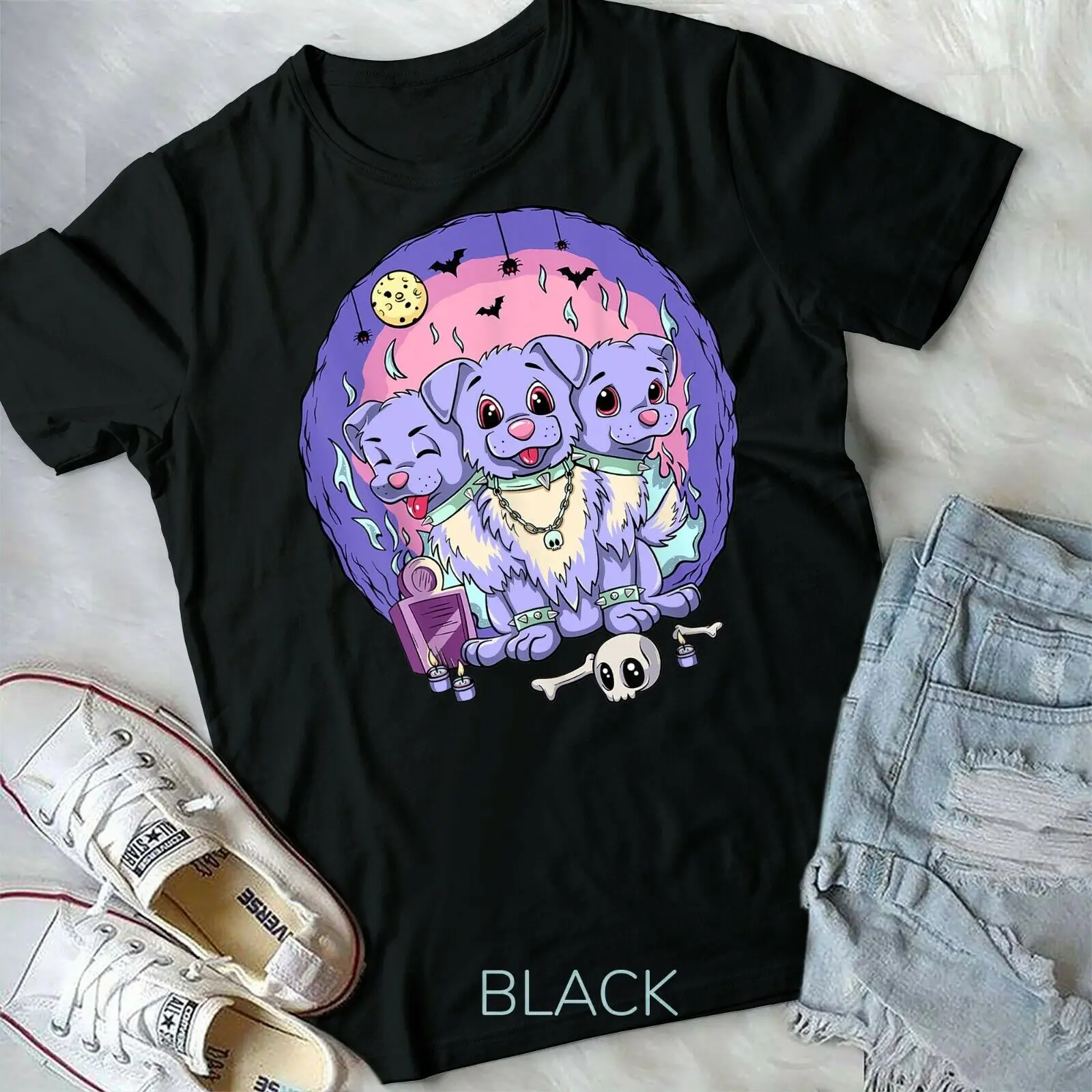 Kawaii Pastel Goth Cute Creepy 3 Headed Demon Dog Skull Vaporwave Aesthetic Tee