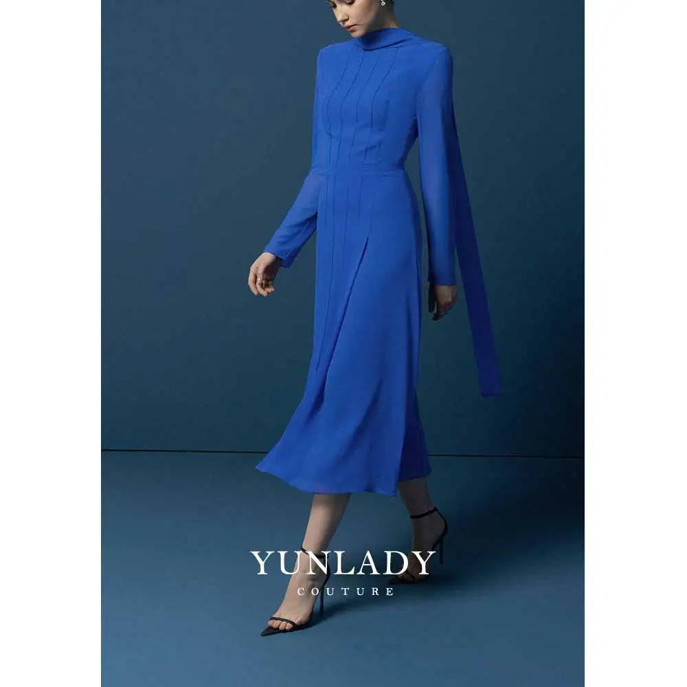 

YUNLAN Elegant Blue Ladies Long Sleeve Chiffon Evening Dress Mom 2024 Saudi Wedding Guest Long Sleeve Midi A-Line Party Dress