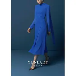 YUNLAN Elegant Blue Ladies Long Sleeve Chiffon Evening Dress Mom 2024 Saudi Wedding Guest Long Sleeve Midi A-Line Party Dress