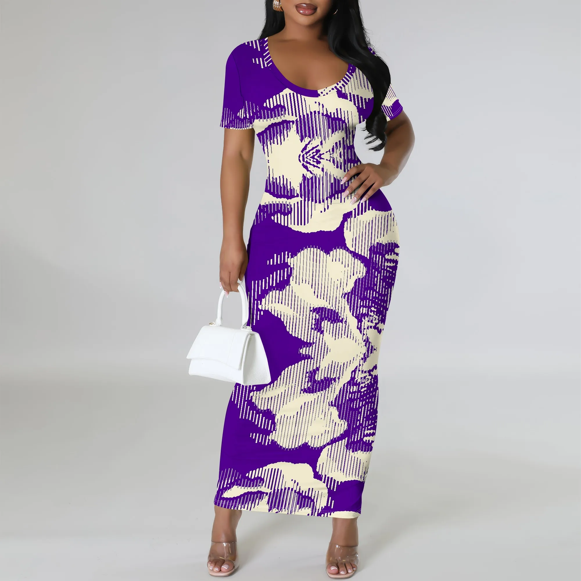 

Women's Boho Bodycon Maxi Dress Short Sleeve Abstract Print Slim Fit Dress for Casual Holiday Vacation Wear XS-3XL