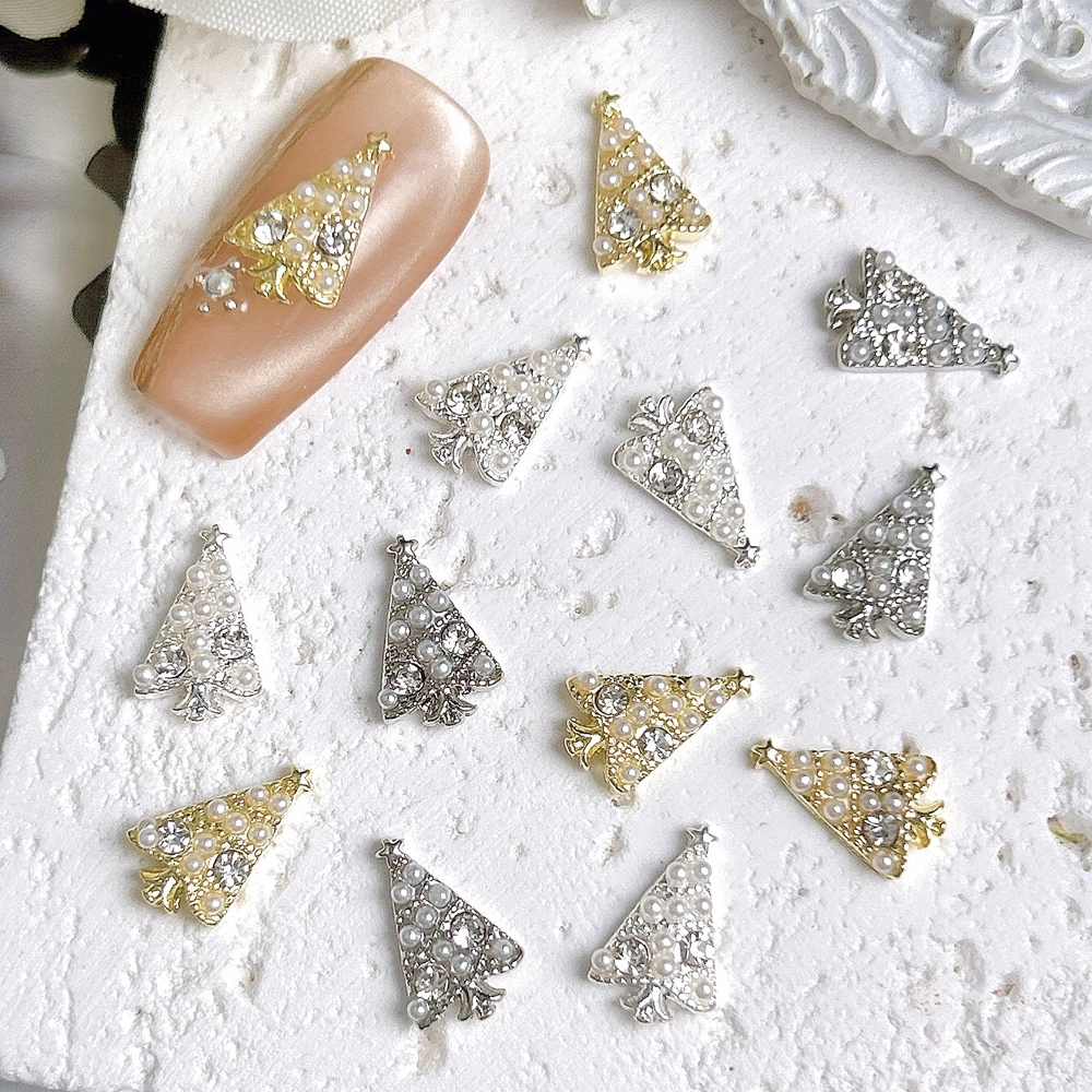 

5PCS 3D Luxury Alloy Christmas Tree Nail Art Charms Rhinestone Pearl Jewelry Accessories For Nails Decoration Manicure Supplies