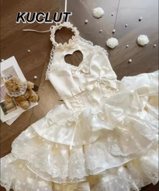 หวานและน่ารักชุดเจ้าหญิงวันเกิดสําหรับสาวผ้าไหมซาติน Lolita สไตล์ Love Hollow Princess Puffy ฤดูร้อนชุดผู้หญิง 2025