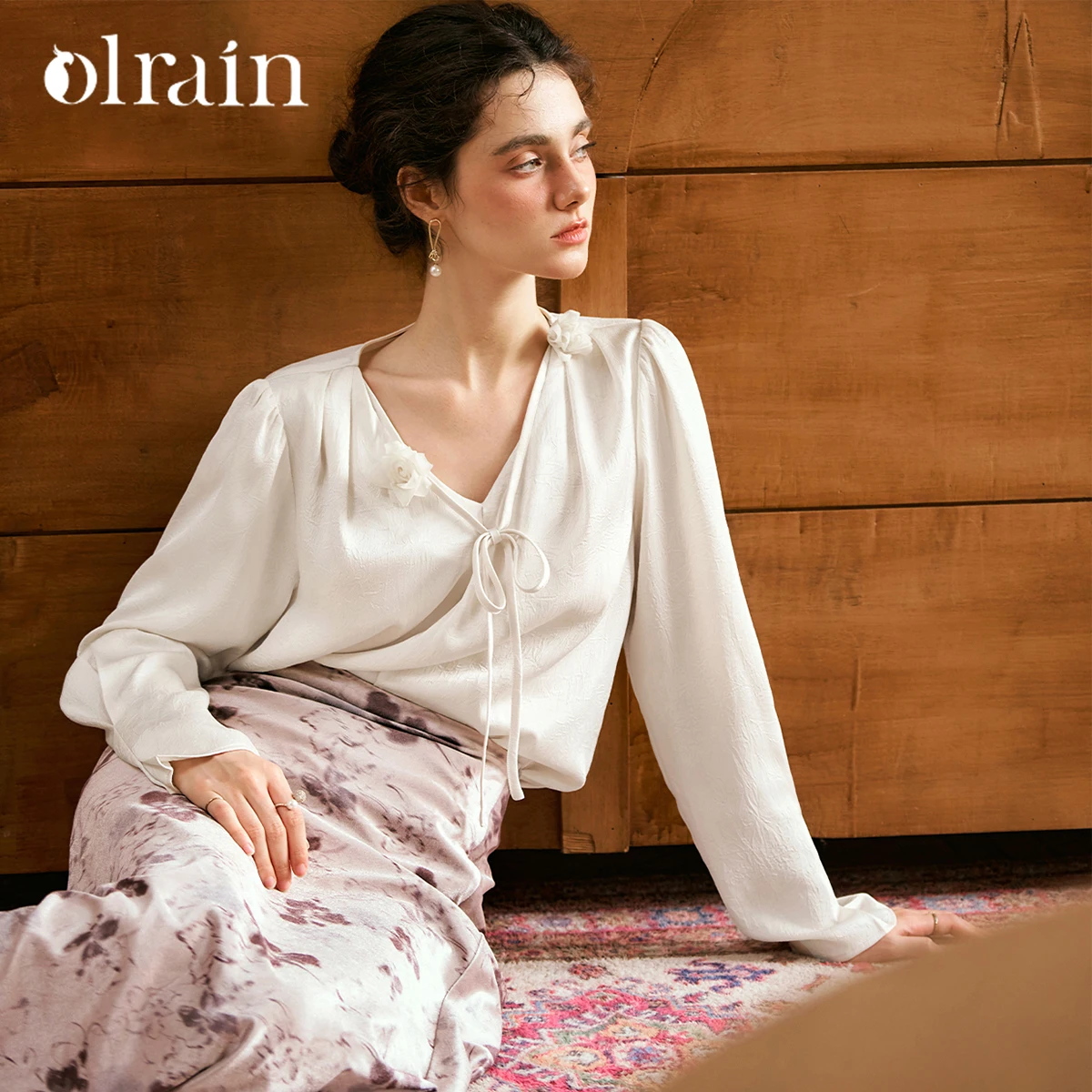 

OLrain Women's French Style Chiffon Blouse 2026 Spring Fall Romantic V-Neck Elegant Textured Chiffon Long Sleeve Top N56QC93866