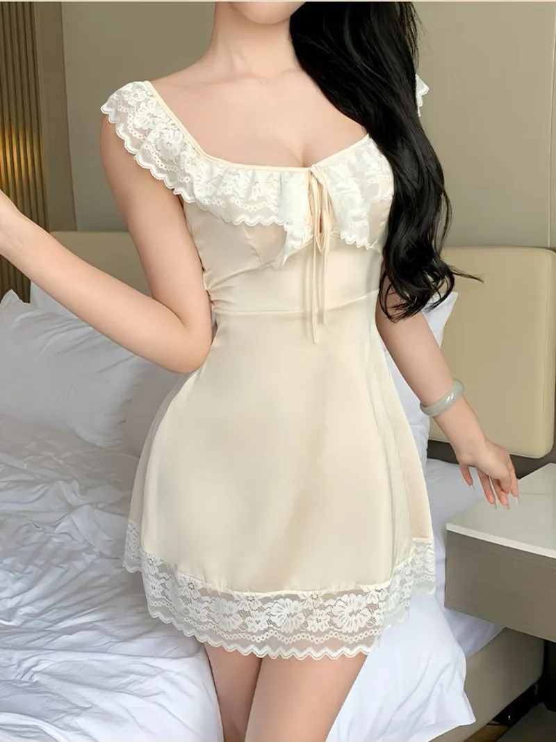 ชุดนอนฤดูใบไม้ร่วงผู้หญิงภาษาฝรั่งเศสคําผ้าไหมน้ําแข็งลูกไม้เซ็กซี่ผ้าฝ้ายBackless Elegant Sweet Tank Mini Dress Tops 2OZK