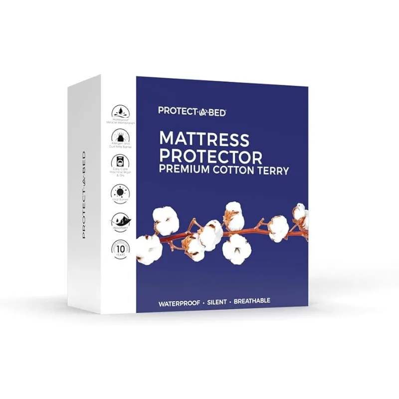 

, Premium Cotton-Terry Mattress Protector, Waterproof, 5-sided, Queen