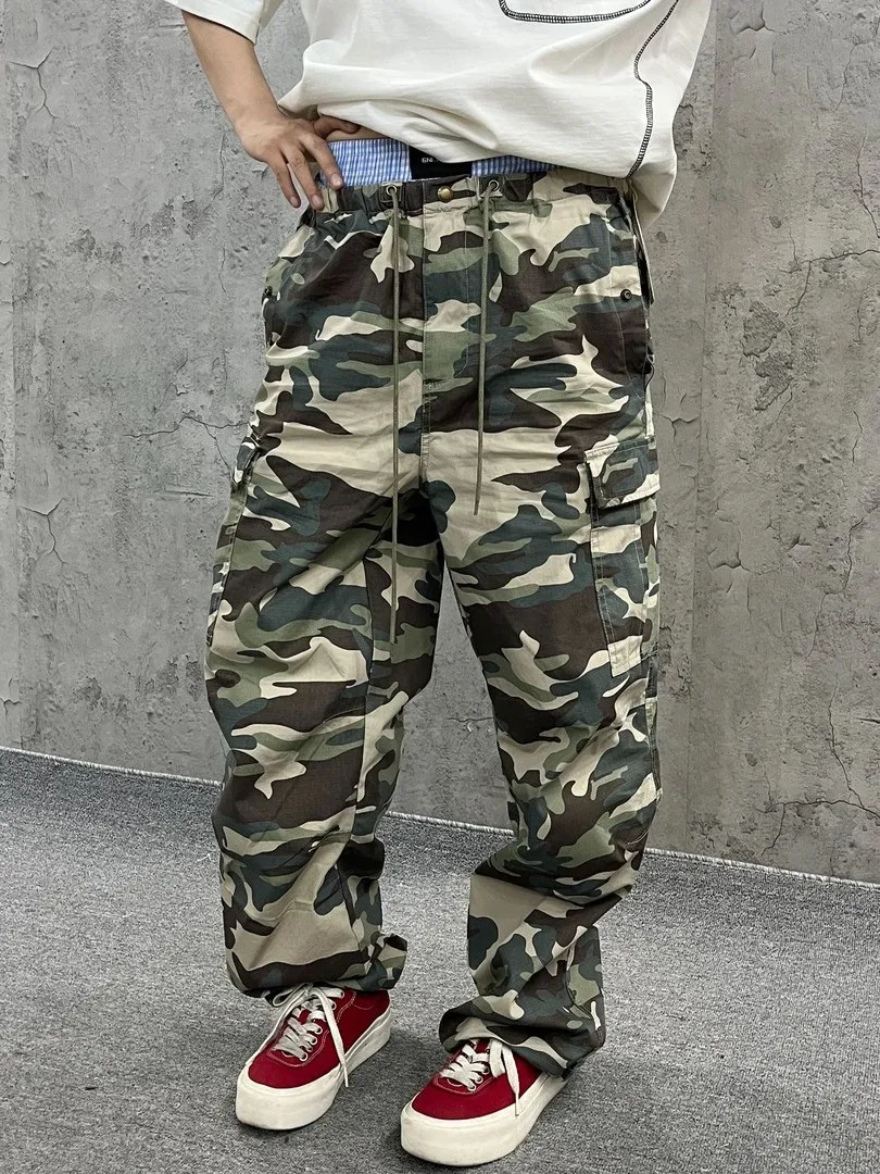 

Retro American Washed Loose Plaid Military Workwear Pants Men Women Straight Leg Camouflage Trousers Youth Casual Autumn