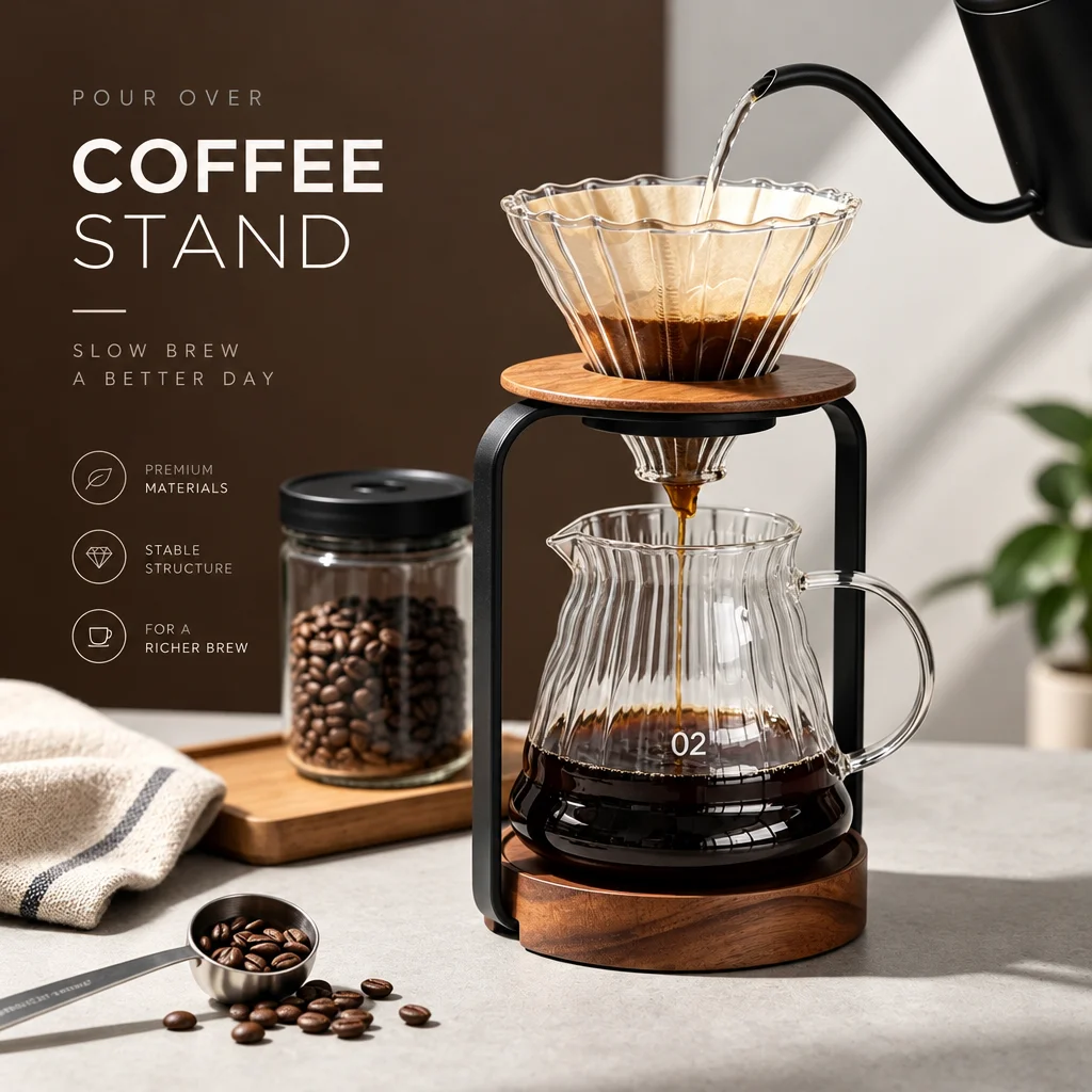 Pour Over Coffee Dripper Stand for Home Office and Outdoor Coffee Maker with Glass Metal Stand Wood Base Coffee Accessories