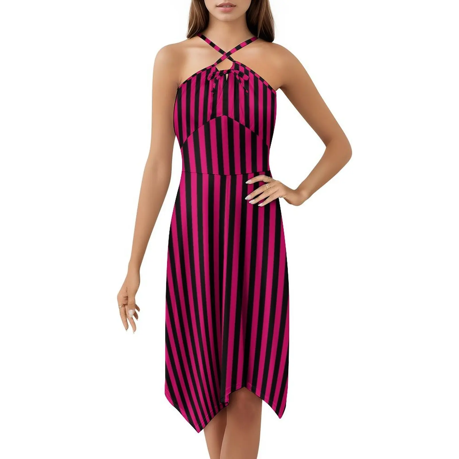 خطوط رقيقة باللونين الأسود والوردي الساخن | فستان بوهو أنيق عمودي رفيع أنيق لحفلات الزفاف على الشاطئ وخطوط وردية رفيعة #5