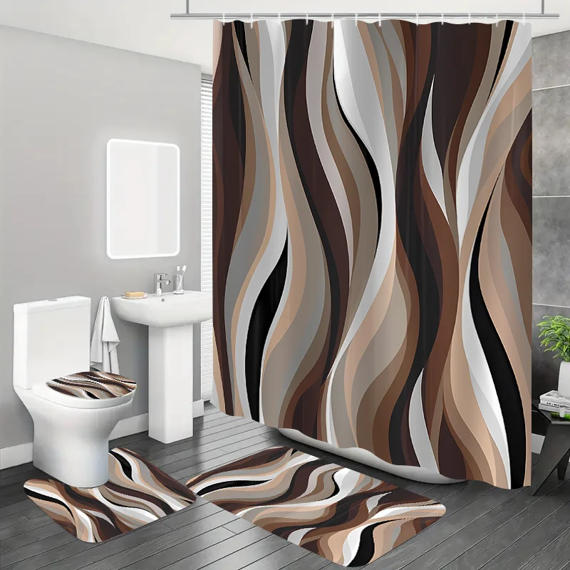4pc Black, white and gray striped bathroom set, shower curtain, bathroom mat, toilet seat cover and U-shaped mat.