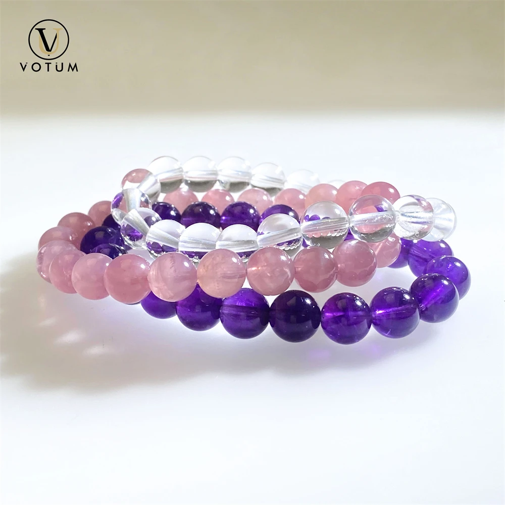Votum Natural Amethyst Rose Clear Quartz Beaded Bracelet for Unisex Crystal Chakra Healing Stone Bracelets Set Armband Jewelry