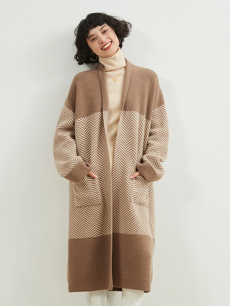 European goods 100% cashmere heavy knit coat coat trench coat long design sense autumn and winter female plus size