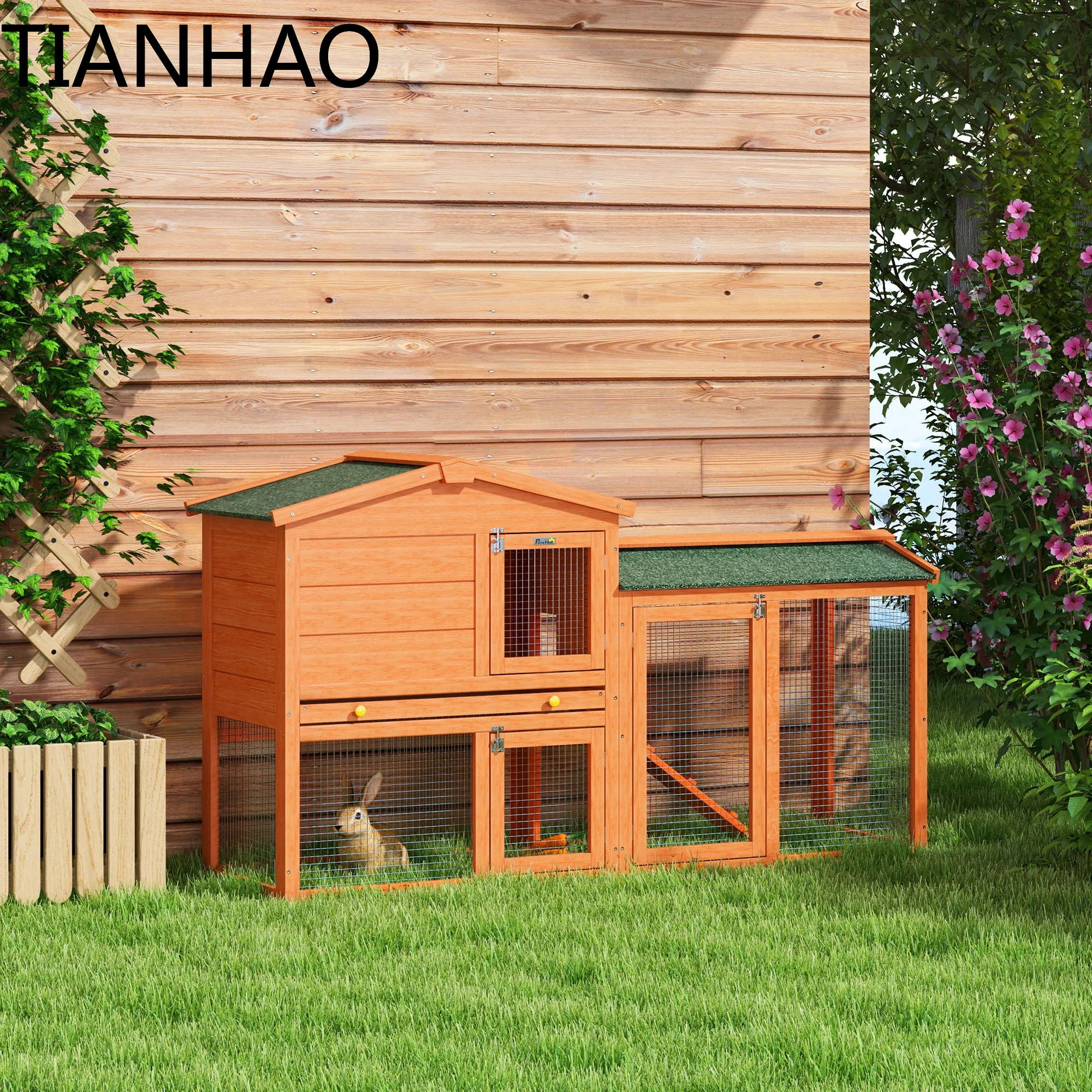 PawHut Wooden Rabbit Hutch with Run, Ramp, Slide-Out Tray