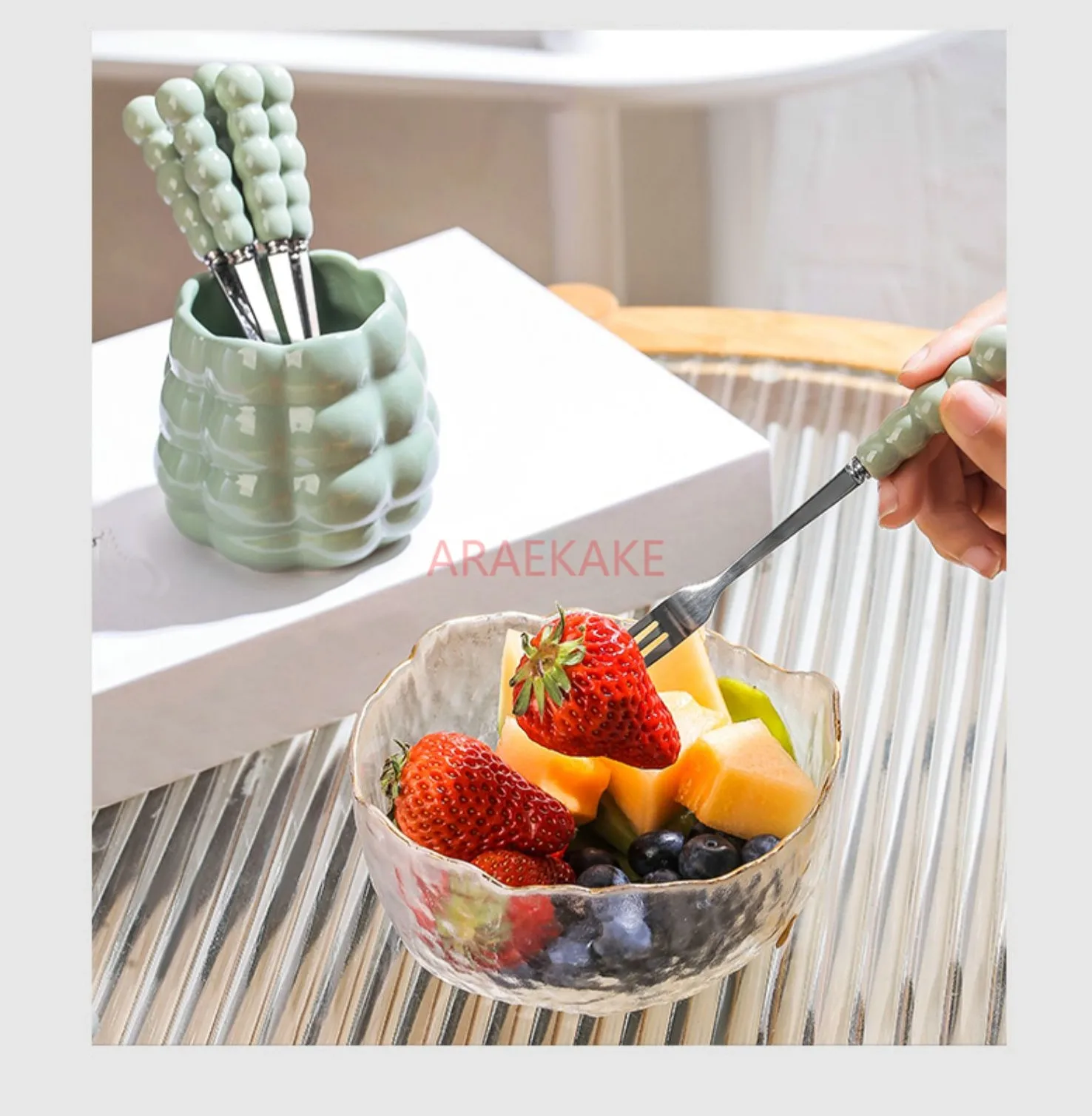 Ceramic household stainless steel fruit skewers, snacks, forks, desserts, cake inserts, light luxury cans, high-end set