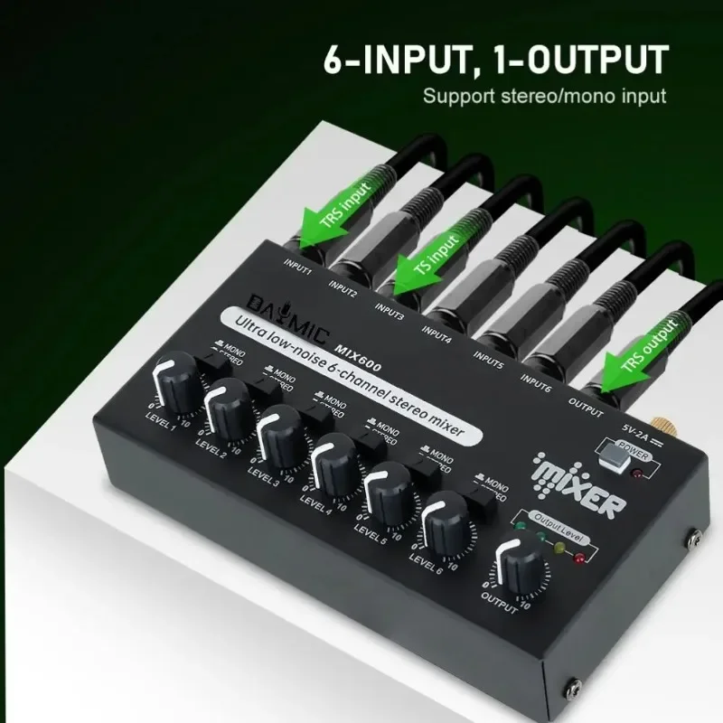 

Ultra low noise 6 Channel Stereo Mixer for Recording and Music Production As Guitars Bass Keyboards Mixer Stereo Line Mixer