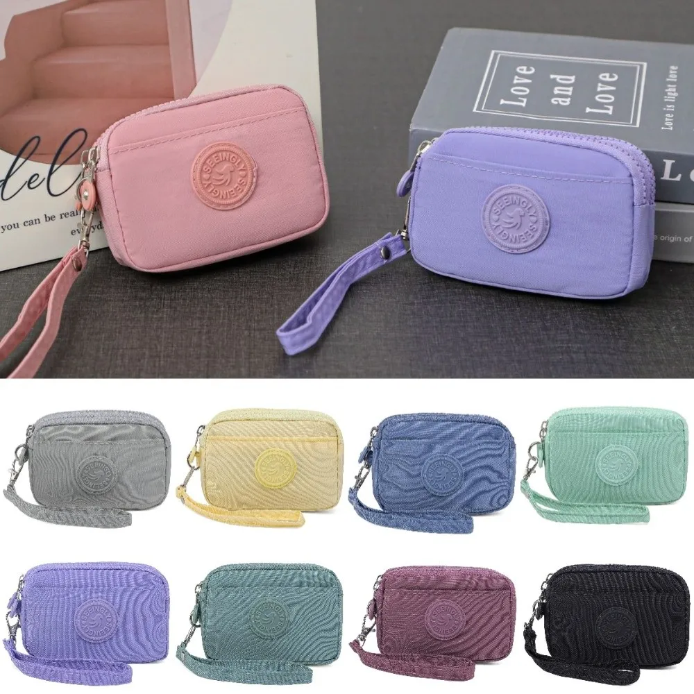 New Solid Color Women Wallet Double Layer Waterproof Coin Purse Nylon with Lanyard Credit Card Holder Ladies
