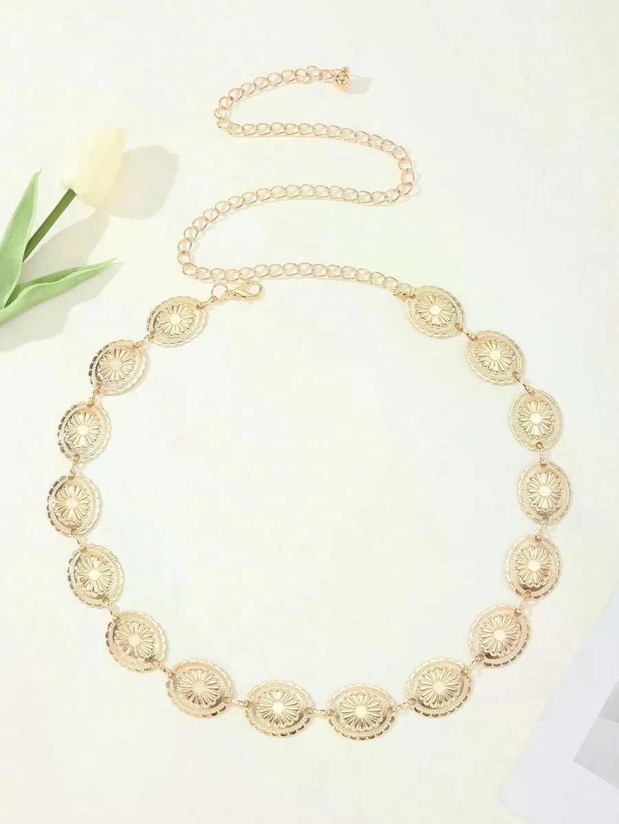 Europe And America Fashionable Metal Waist Chain With Chrysanthemum, Petals & Flower Pendant For Women Dress Decoration, Boho Chic