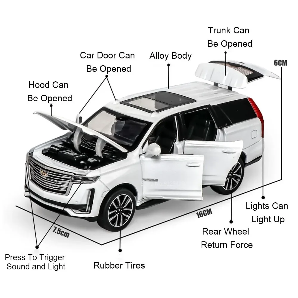 Modelo de coche Cadillac ESCALADE a escala 1:32, juguete con 6 puertas abiertas de Metal fundido a presión, luz musical, modelos de vehículos extraíbles, regalo ornamental para Hobby