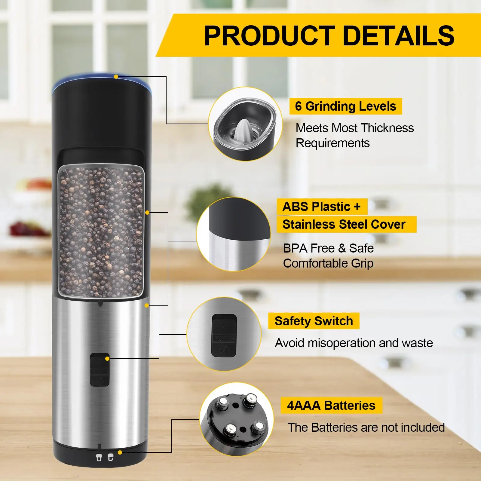 

1/2pcs Gravity Electric Salt and Pepper Grinder Automatic Battery Pepper Mill Grinder Stainless Steel Kitchen Spice Shaker