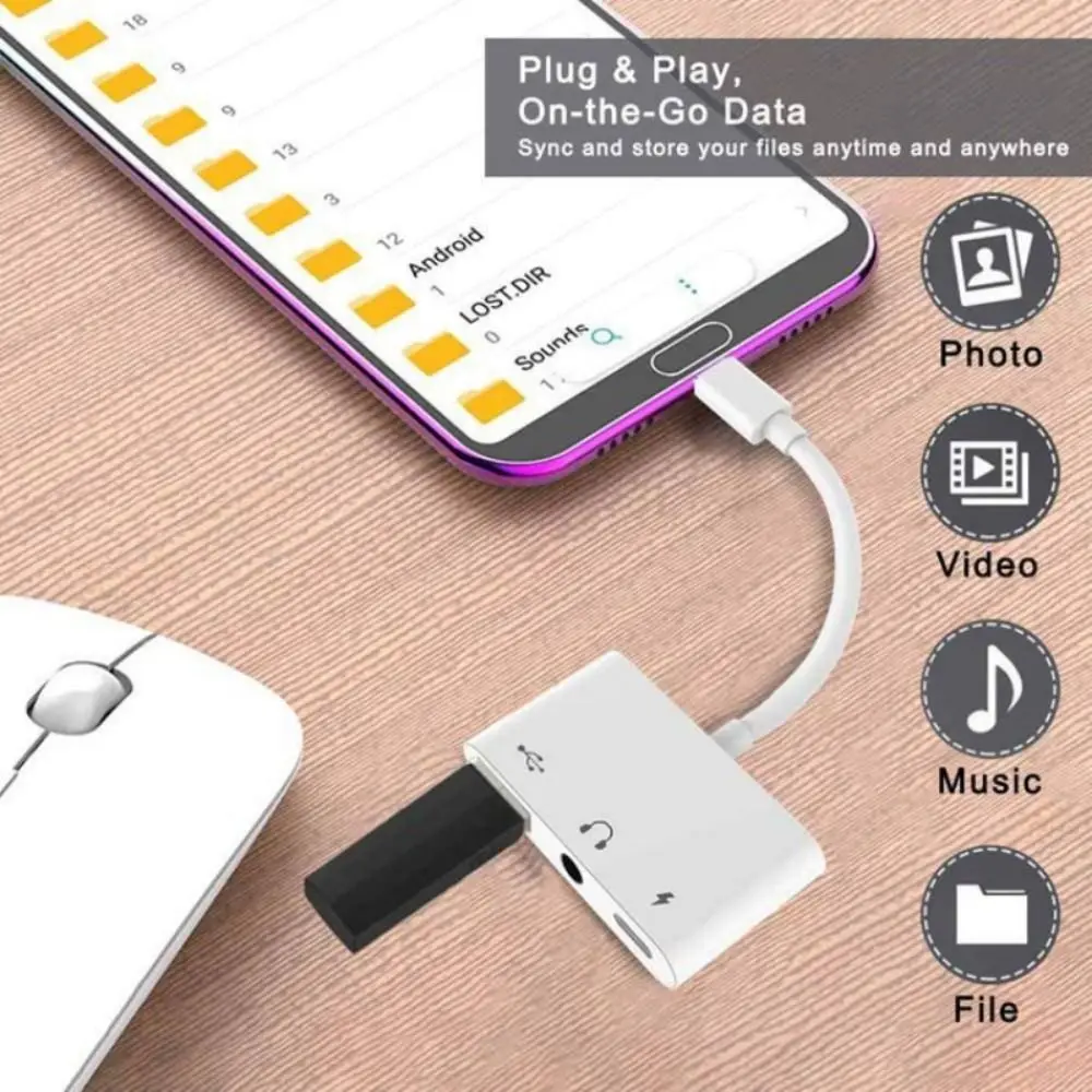 Professional Headphone 3 in 1 Type-C to 3.5m Data Transmission Audio Converter OTG Adapter