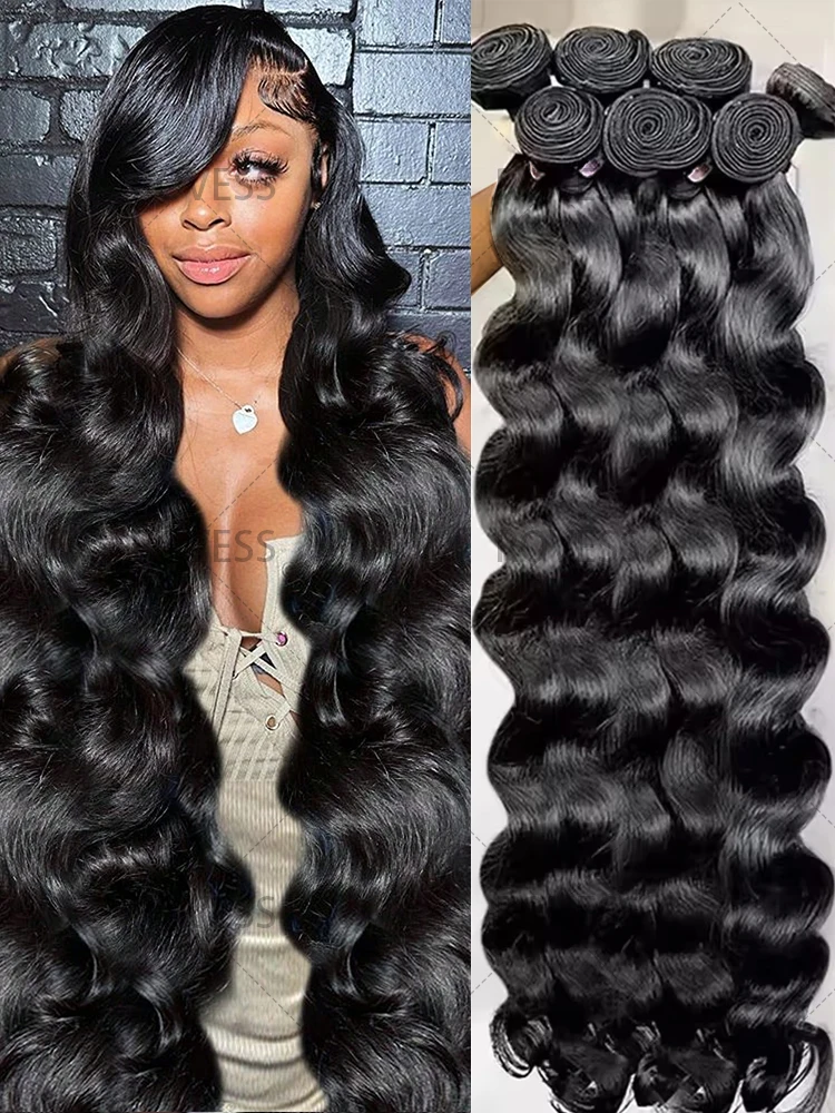

Набор из 3-4 пучков волос Loose Body Wave, 14A, бразильские, 100% натуральные необработанные человеческие волосы, 30 дюймов, натуральный черный цвет