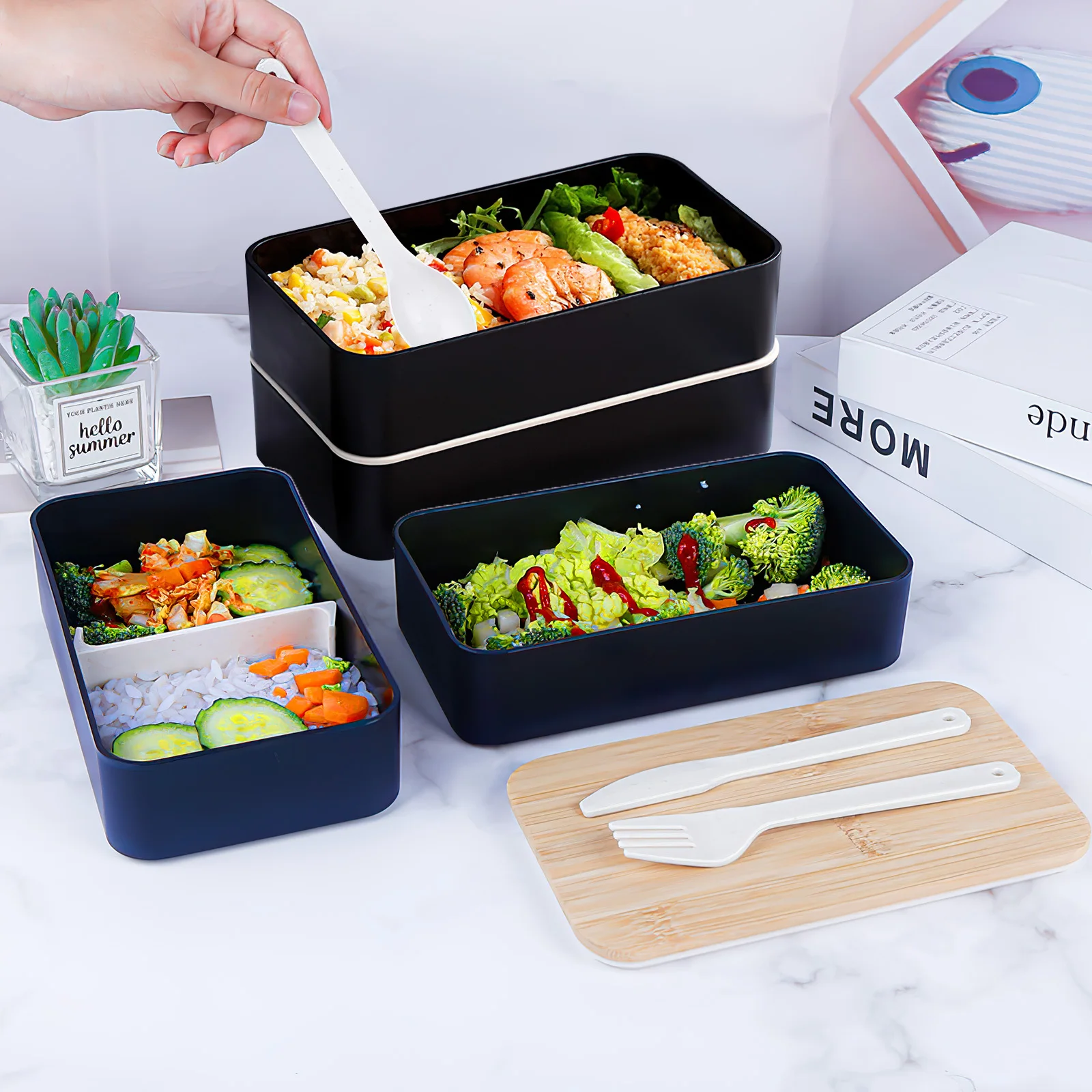 1,2 l schwarze Kunststoff-Bento-Box, doppellagiges Design, feine Verarbeitung, Lunchbehälter, Studenten, Arbeiter, Picknick