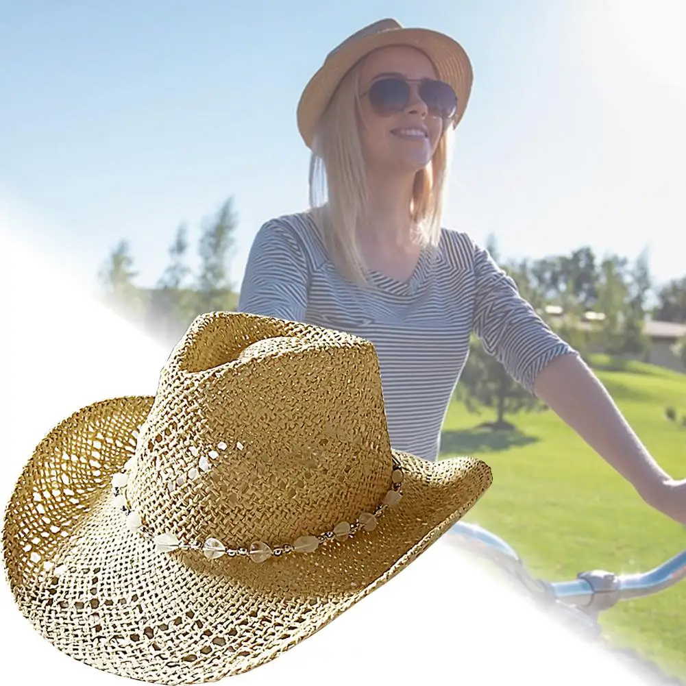 Summer Straw Hat Hollow Out Foldable Adjustable Bead Decor Curled Edge Windproof Strap Western Cowboy Style Bucket Hat