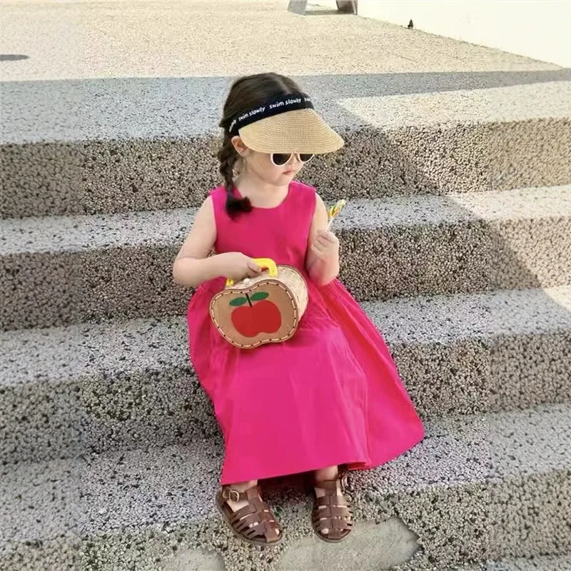 فستان بناتي صيفي جديد لعام 2025 النسخة الكورية فستان بدون أكمام للأطفال سترة قطن للأطفال بلون سادة فستان بمزاج بسيط