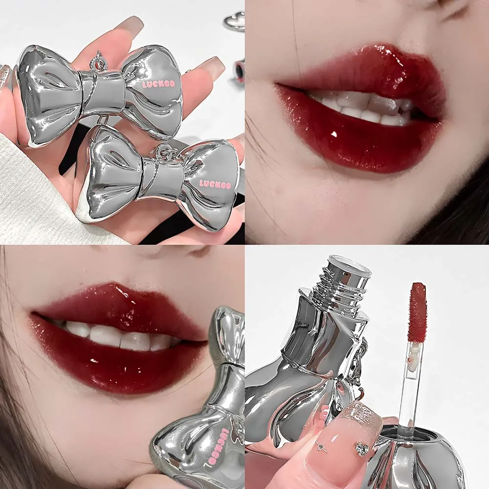 LUCKGO Bow Lip Gloss Keychain High Shine Moisturizing Lip Glaze Non Sticky Glossy Lip Tint Portable Bag Charm Makeup