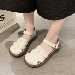 Women's Summer Shoes Square Toe Flat Sandals Leather Women Gladiator Sandals Slip on Ladies Beach Shoes Zapatillas De Mujer