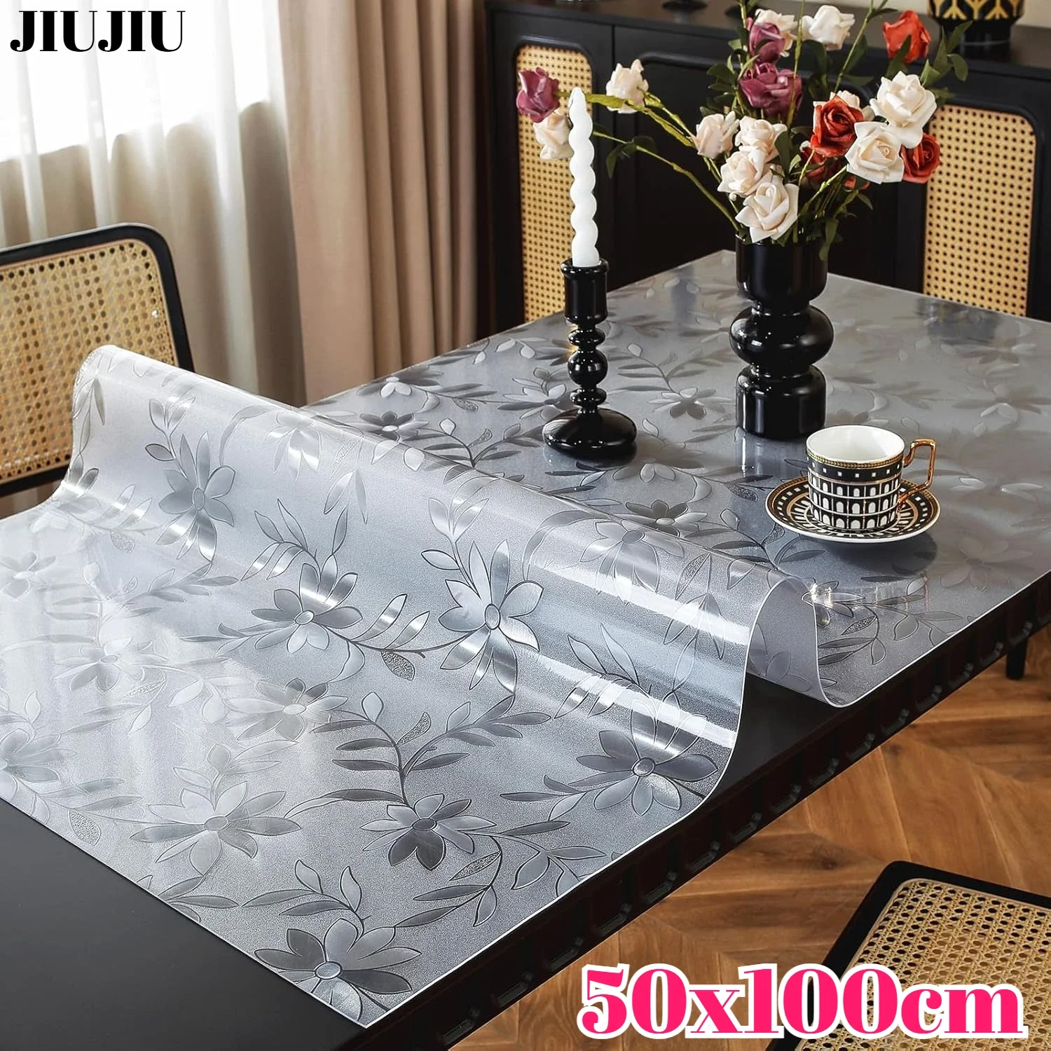 Printed Semi Transparent Soft Glass PVC Tablecloth Waterproof and Oil Resistant Rectangular Protective Cover for Dining Table
