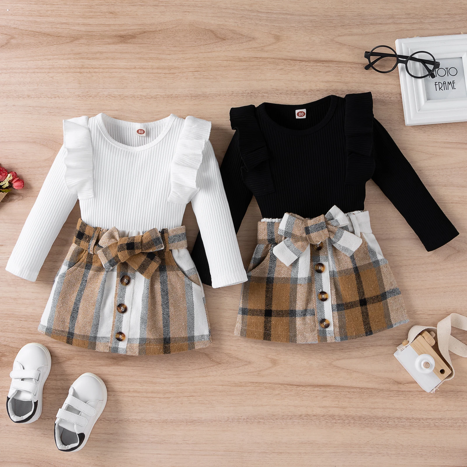 3PCS Autumn 1-4 Years Old Girl Baby, Fashionable Round Collar, Solid Color, Pit Strip, Long-Sleeved Top + Plaid Skirt