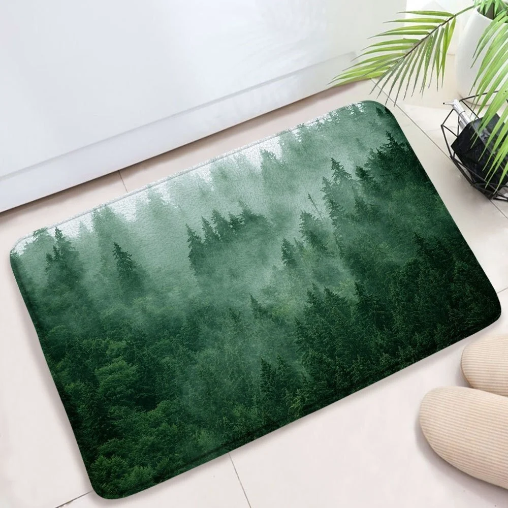 

1pc Misty Forest Bath Mat - Soft Plush 16"x24" Non-Slip Rubber Backing, Machine Washable 100% Tech Fabric, Serene Nature Design