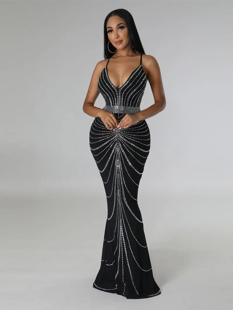 

KEXU Mesh See Though Diamonds Sleeveless Strap Bodycon Maxi Women Dress Sexy V Neck Club Party Evening Vestidos Dresses