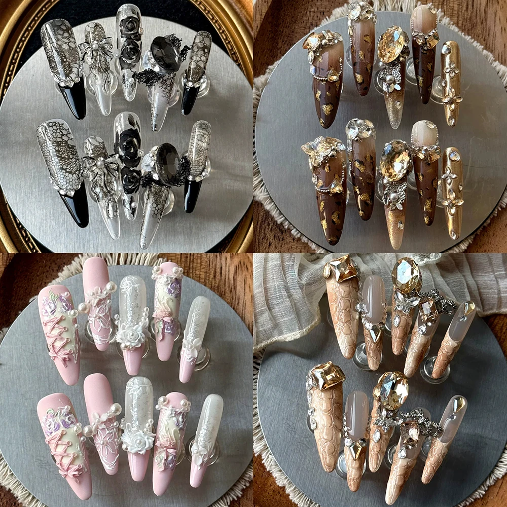 

10Pcs High End Handmade Long Coffin Ellipse Wearable Full Cover Nail Flower Bowknot Chain Pearl Rhinestone French Press On Nails