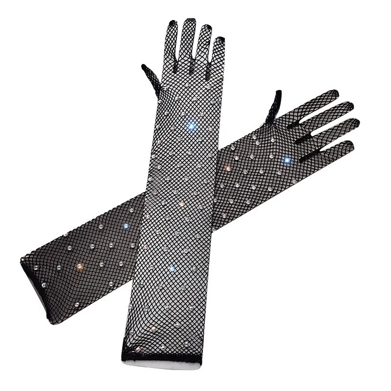 Disco Flash Diamonds Gloves Women European American Fashion Fishing Net Sexy Trampody Long Glove Dress Decoration Accessories