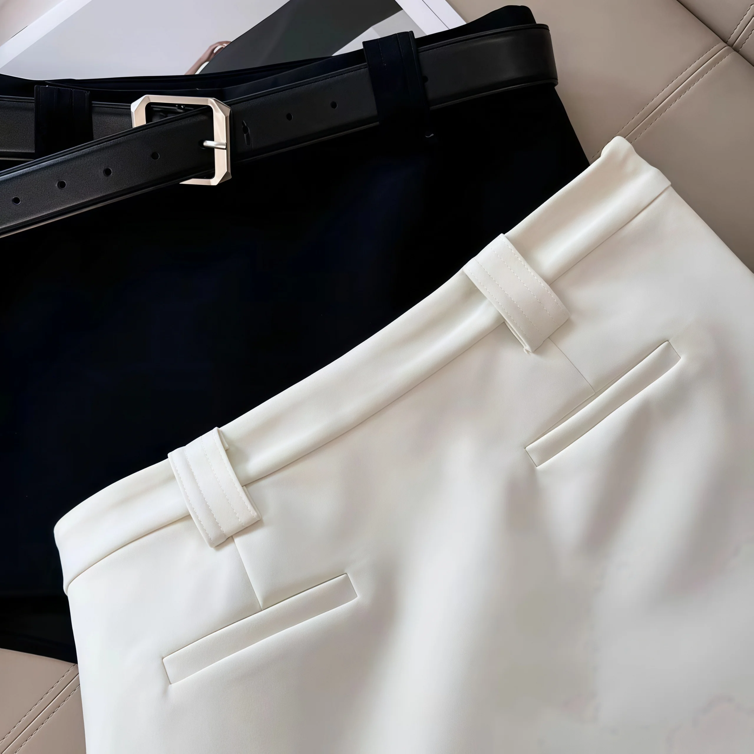 Weißer Skort für Damen mit schwarzem Gürtel, hohe Taille, A-Linie, Anzugstoff, Mini-Rock, Shorts, Y2K, lässig, Büro, Streetwear – Detail 8