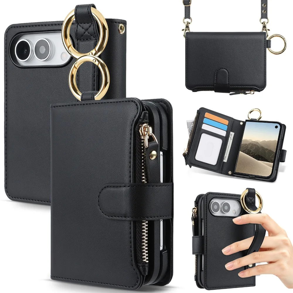 Detachable Shoulder Strap Magnetic Flip Phone Cover for iPhone Duo with Multi-functional Cash Pocket & Card Slots