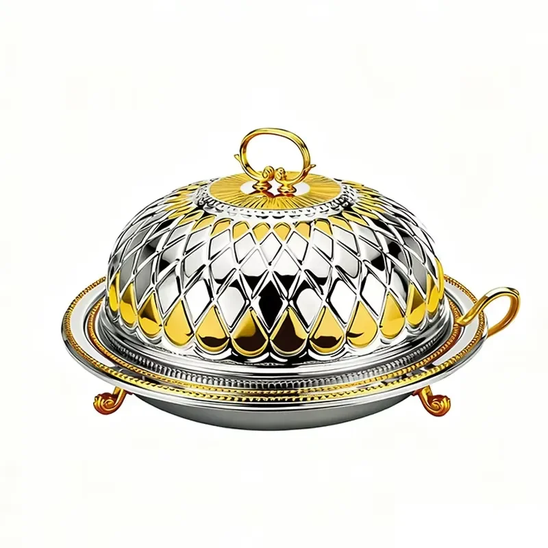 Gold & Silver-Plated Round Dome Round Plate With Cover Set With Pattern for Serving Food