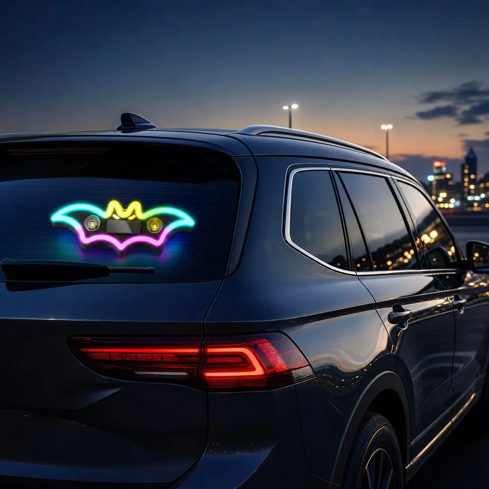 Solar Powered Car Ambient Light Bat Shaped Type-C Charging LED Ghost Light Multicolor LED Vibration Sensing