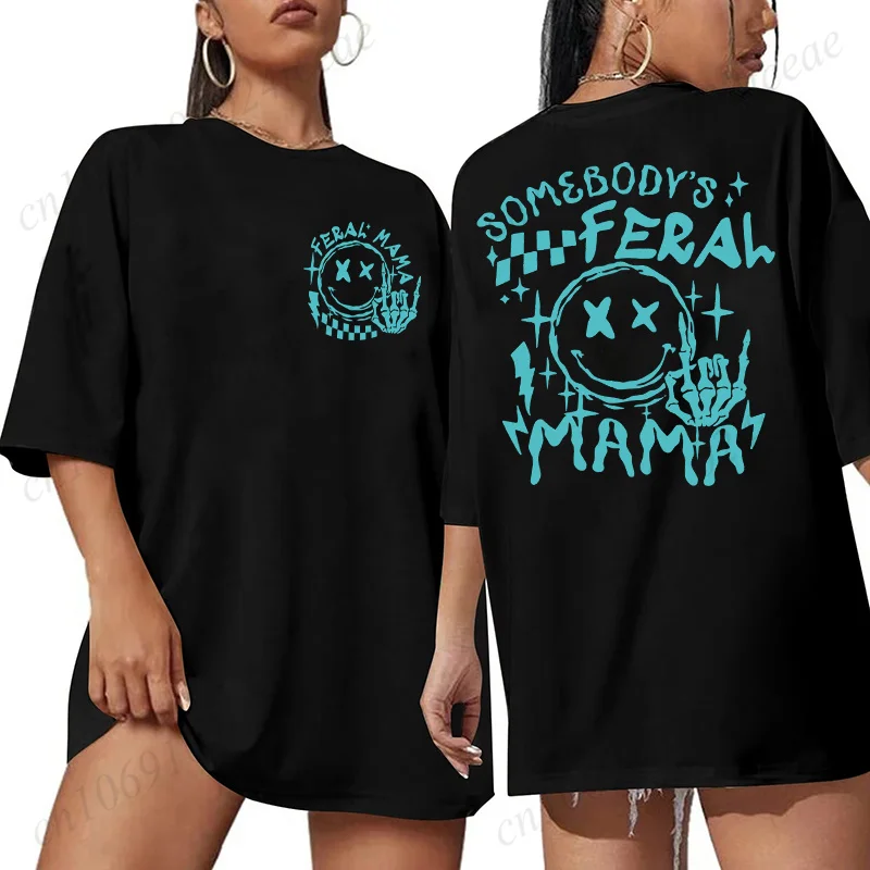 Geschenk für Feral Mom Damen T-Shirts Somebody's Feral Mama Shirt Sarkastisch Trendy Mom Tops Sommer Kurzarm T-Shirts Damenbekleidung