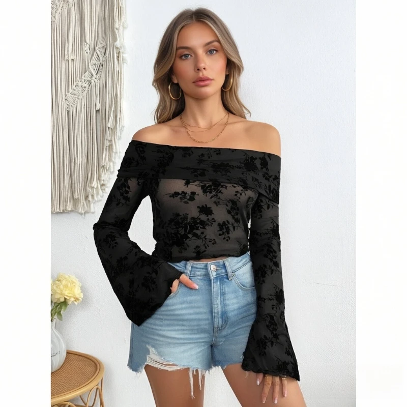 

New Elegant Spring Summer Women's One-Neck Off Shoulder Long Sleeve Shirt Fashion Embroidery Print Translucent Casual Blouse