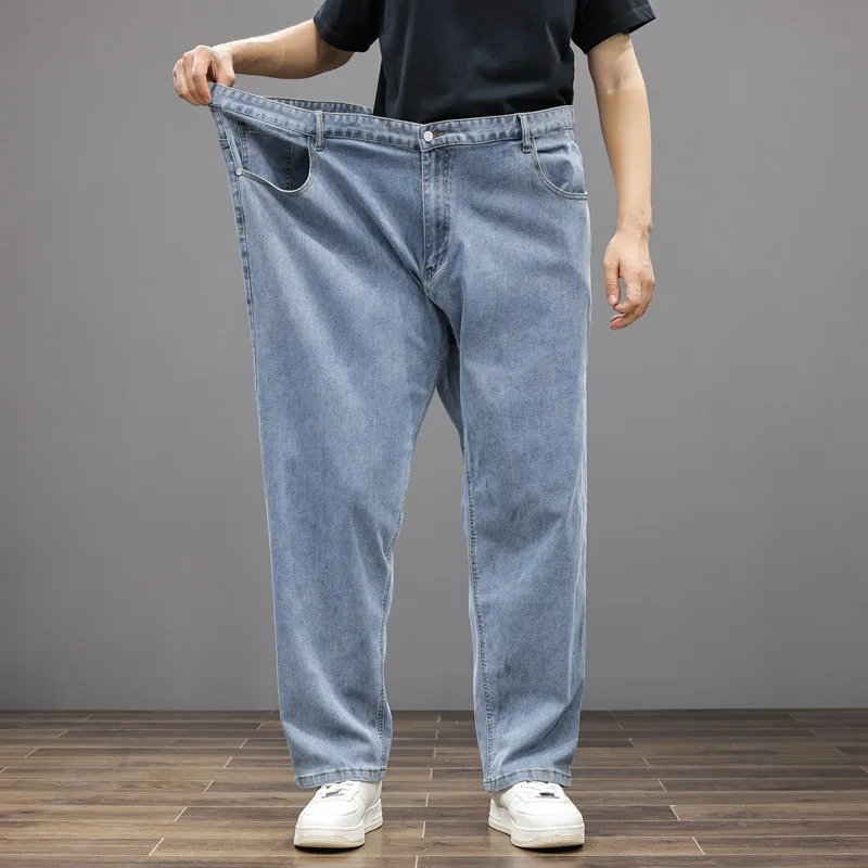 الصيف الجينز الرجال 200 كجم 8XL 7XL 6XL مستقيم رقيقة امتدت المتضخم كبير حجم كبير الدينيم السراويل الذكور مرونة الكلاسيكية السراويل