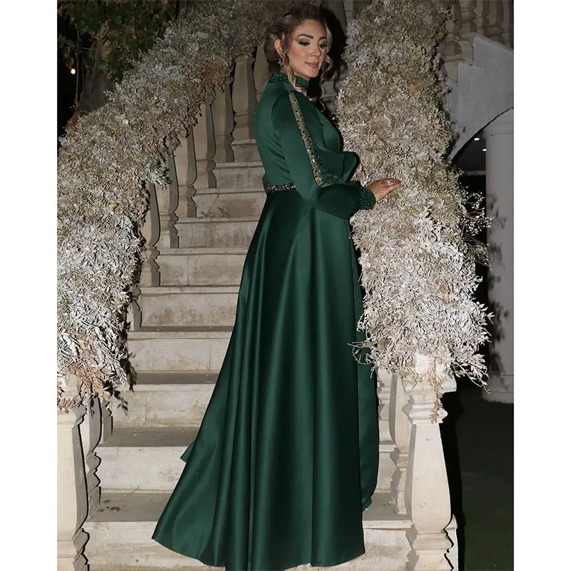 Elegant Dark Green A Line Prom Dresses Beadings Sequins Sleeve Muslim Evening Dress Moroccan Caftan Robes De Soiree