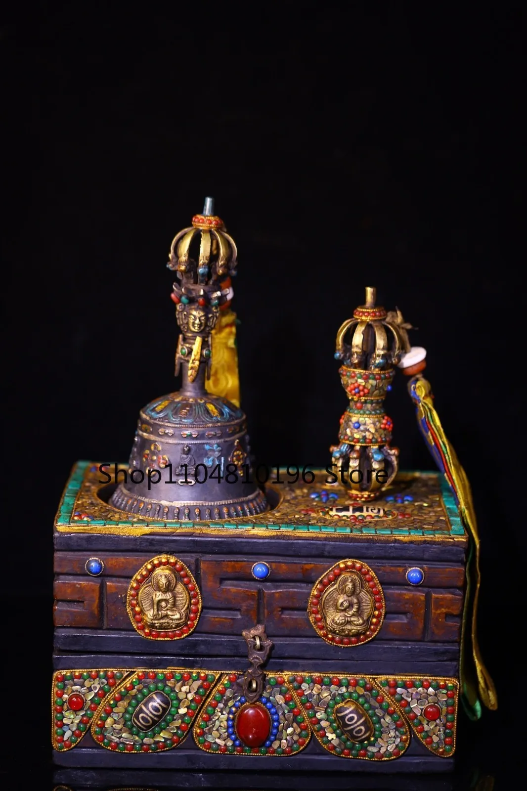 Bronze Cinnabar Painted Old Ringing Bell Vajra Base Mosaic Gem gZi Beads
