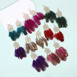 Women Faux Feather Earrings Bohemian Fringe Tassel Long Drop Dangle Earrings with Dream Catcher Design Earrings Gift for Girls