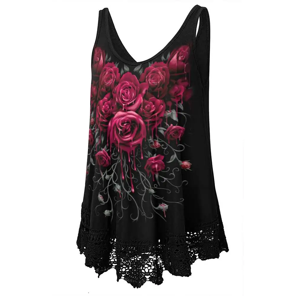 Plus Size L-5XL Tops Women Vest Dark Rose Printed Lace Stitching Loose Camisole Summer New Casual Sleeveless Gothic Tank Female